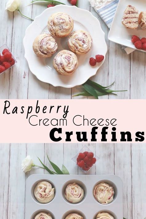 Strawberry Cream Cheese Cruffins, Croissant Dough Ideas, Raspberry Cream Cheese Crescent Roll, Cream Cheese Filled Croissants, Cheese Cruffins, I Am Baker Cruffins, Raspberry Cream Cheese Croissant, Filled Cruffin Recipe, Croissant With Cream And Strawberry