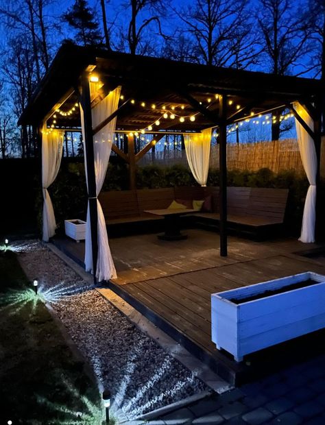 Patio lights string ideas; Transform your outdoor area into an entertaining hub with these 27 light string patio ideas. Gazebo lights Patio Ideas Gazebo, Gazebo Lighting Ideas, Outdoor Spaces Diy, Porch String Lights, Gazebo Lights, Patio Lights String Ideas, Patio Lights String, Backyard String Lights, Gazebo Lighting