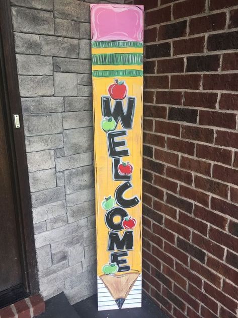 Cute teacher welcome sign for the front of school or the front of your classroom door. DIY this idea easily! #welcomesign #school Teacher Door Signs Diy, Teacher Name Signs For Door, Name Signs For Door, Signs For Door, Teacher Welcome Signs, Teacher Door Signs, Teacher Door Hangers, Teacher Name Signs, Teacher Door