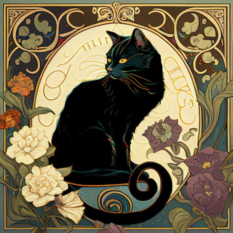 BodegaCatsOfNewYork - Etsy Art Nouveau Cat, Illustration Kunst, Drawing Hands, Drawing Eyes, Art Nouveau Floral, Black Cat Art, Animal Wall Decor, Cats In Art, A Black Cat