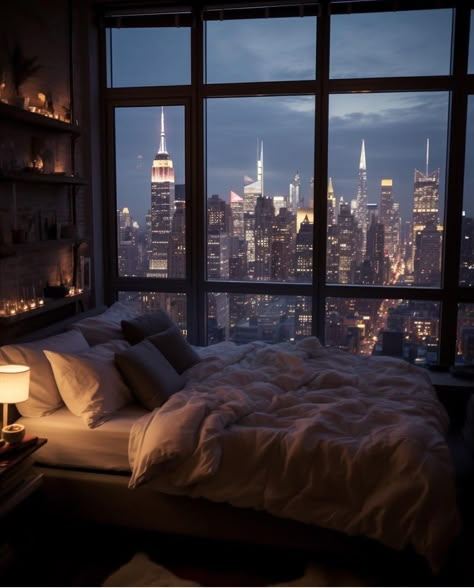 Nyc Penthouse Bedroom, Nyc Aesthetic Apartment, Penthouse Bedroom, Nyc Studio Apartments, New York Bedroom, Nyc View, Florida Apartments, City Bedroom, 2023 Bedroom