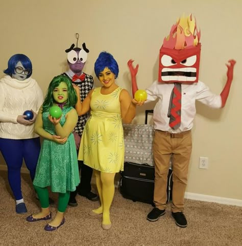 Inside Out Halloween Trunk Or Treat, Inside Out Movie Costumes, Disney Inside Out Costumes, Disney Party Costumes, Joy From Inside Out Costume, Diy Inside Out Halloween Costumes, Inside Out Float Ideas, Inside Out 2 Costumes Group, Inside Out Fear Costume