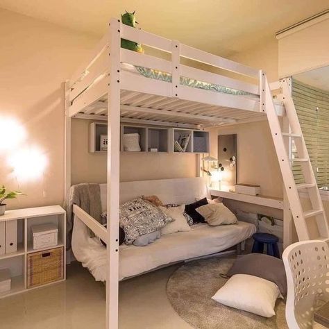 Bunk Bedroom Aesthetic, Aesthetic Bunk Bed Ideas, Aesthetic Loft Bed, Girl Bedroom Ideas Aesthetic, Tall Loft Bed, Bedroom Ideas Loft Bed, Dorm Paintings Canvas, Teen Girl Bedroom Ideas Aesthetic, Loft Bed With Couch