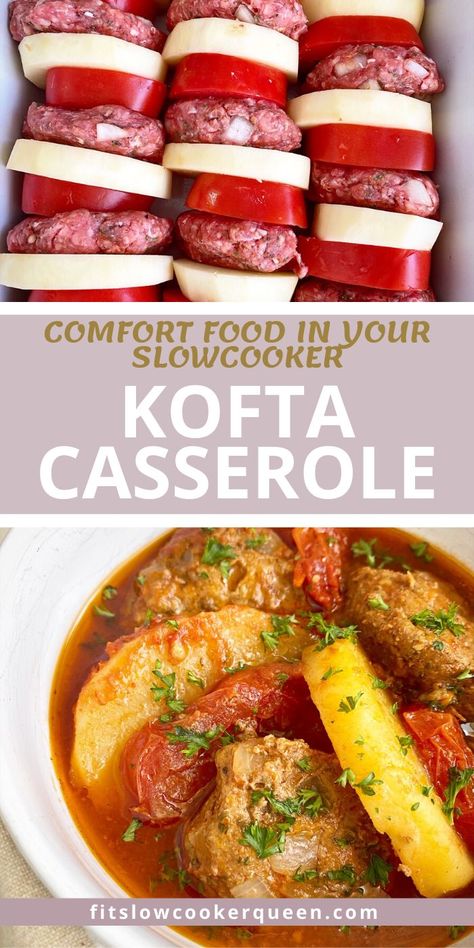 SLOW COOKER KOFTA CASSEROLE - Flavorful kofta patties cook with potatoes and tomatoes in this hearty recipe. Make this comfort food in your slow cooker or oven. Fit Slow Cooker Queen, Meditranian Diet, School Night Meals, Gyro Meat Recipe, Favorite Casserole Recipes, Slow Cooker Ground Beef, Slow Cooker Pasta Recipes, Potatoes Tomatoes, Kofta Recipe