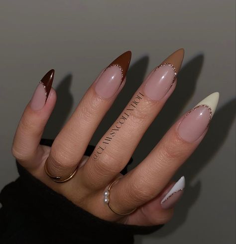 French Nails Autumn Style, Different Shades Of Brown Nails French Tip, Nails Design Brown And White, Brown And Gold French Nails, Fall Ombre French Tip Nails, Elegant Office Nails, Flesh Colored Nails, Birthday Nails For October, Almond Brown Nails Design