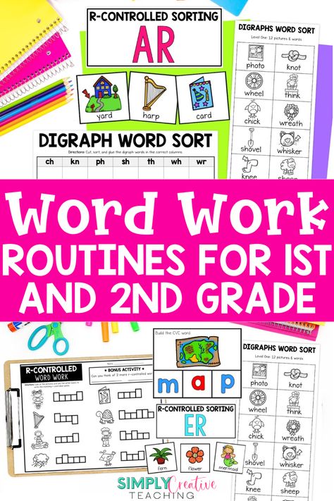 Unlock the secret to engaging word work activities with these teaching tips! Whether during literacy centers, guided reading, whole group instruction, or spelling practice, word work activities give students time to practice important phonics skills. Learn about these 3 essential routines to add to word work in your classroom to keep your first and 2nd grade students engaged. Your students will love these fun interactive activities. Plus, get a FREE word work starter kit! Read more here! First Grade Words, Digraph Words, Word Work Centers, Spelling Practice, Phonics Instruction, Elementary Writing, Making Words, Word Work Activities, Phonics Words