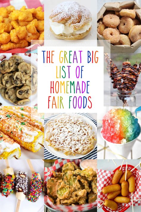 A collage of fair foods you can make at home. Homemade Frozen Food Ideas, Fair Food Dessert, Best Food To Sell At Festivals, Best Homemade Appetizers, Easy Festival Food, State Fair Theme Party Food, County Fair Food Ideas, Copycat Fair Food Recipes, Boardwalk Food Ideas