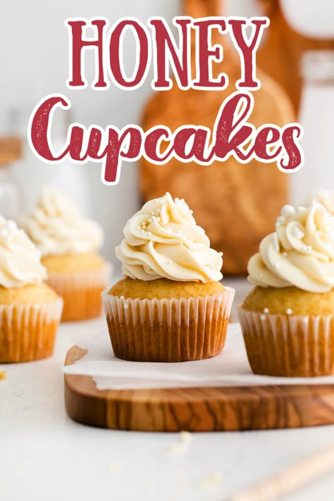 Honey Cupcakes - These honey cupcakes are soft and moist with a subtle honey flavor baked into the cake and a luxurious honey buttercream on top. Honey Recipes | Honey Cupcake Recipe | Cupcake Recipes | Easy Cupcakes #cupcakes #baking #dessert Honey Cupcake Recipe, Honey Cake Recipe Easy, Honey Buttercream, Honey Cupcakes, Recipe Using Honey, Gut Health Foods, Honey Muffins, Honey Dessert, Honey Cake Recipe