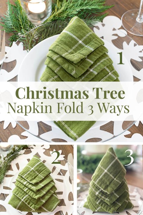 Napkin Christmas Tree, Tree Napkin Fold, Fold A Napkin, Christmas Tree Napkin Fold, Napkin Christmas, Folding Napkins, Napkin Folding Tutorial, Christmas Tree Napkin, Christmas Dinner Table Settings