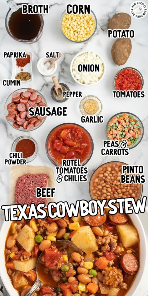 Texas Cowboy Stew Diced Meat Recipes Beef, Cowboy Dinner Recipes, Texas Recipes Authentic, Cowboy Stew Recipe Ground Beef Crock Pot, Cowboy Stew Recipe Ground Beef, Easy Cowboy Stew, Western Food Recipes, Cowboy Soup Recipe Beef, Wild West Food