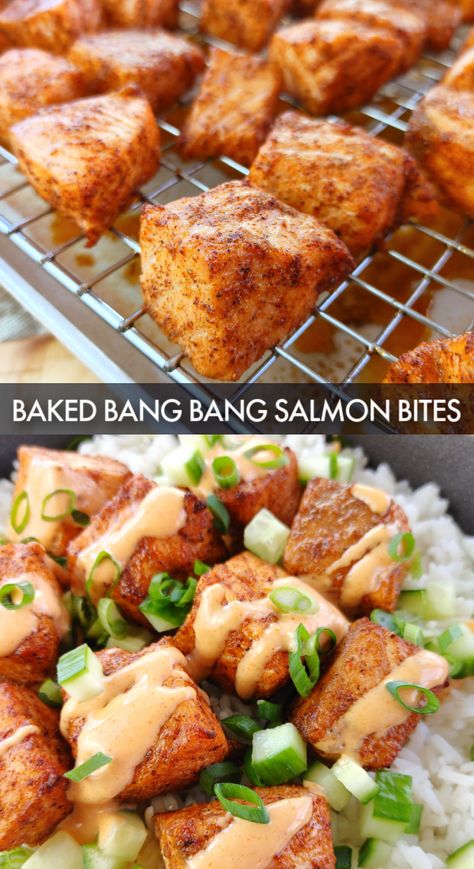 Salmon fillet chunks seasoned with simple Asian-inspired spices, baked hot and fast until crispy. Bang Bang Salmon Bites, Bang Bang Salmon, Salmon Bites Recipe, Seafood Delight, Salmon Bites, Fish Dinner Recipes, Fish Cakes, Fish Sticks, Fish Recipes Healthy