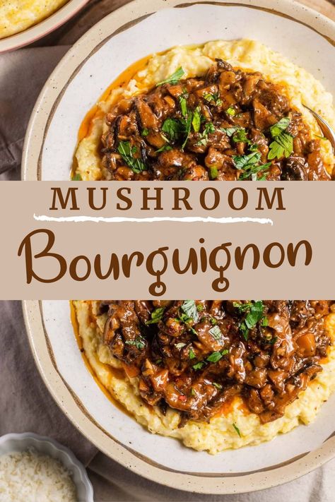 This is my favorite mushroom bourguignon recipe, full of rich and hearty flavor. Mushrooms pan-sear until deeply browned, then simmer in a delicious broth of aromatics and red wine. It's an incredibly comforting and tasty stew ideal for a cozy date night or dinner party. Mushroom Bourguignon Vegetarian, Red Wine Meals, Monday Night Dinner Ideas Healthy, Wine Cap Mushroom Recipes, Vegan Date Night Recipes, Menstrual Syncing, Mushroom Stew Recipes, European Appetizers, Beef And Mushroom Recipes