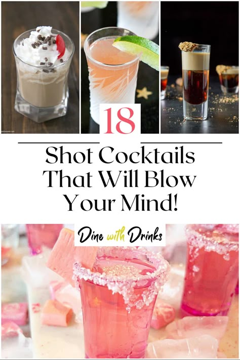 Collage of 4 shot cocktails. Drinks Alcohol Recipes Shots, Specialty Bar Drinks, Birthday Shooters Alcohol, Shots For Party Alcohol, Weird Shots Alcohol, Shots Alcohol Recipes Parties, Drinks Alcohol Recipes Bar, Cute Shots Alcohol, Mini Bottle Cocktails