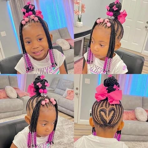 Valentines Day Braids For Kids, Kids Heart Braided Hairstyles, Valentines Hairstyles For Kids Black, Cornrow Braids With Beads, Braids With Beads Natural Hair, Twist Hairstyles For Kids, Kids Braids With Beads, Beads Natural Hair, Black Baby Girl Hairstyles