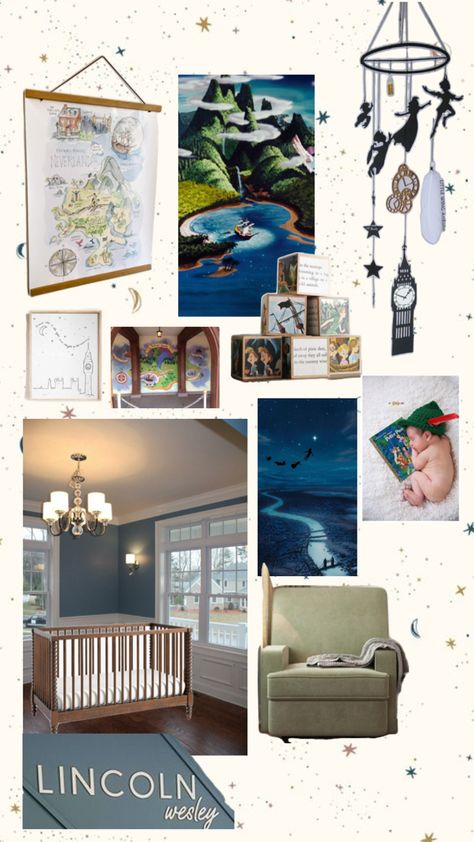 full of blues and greens this peter pan inspired nursery is perfect for the cutest baby boy Neverland Nursery Boy, Peter Pan Nursery Ideas, Peter Pan Themed Nursery, Neverland Nursery, Peter Pan Nursery, Nursery Idea, Nursery Book, Disney Nursery, Baby Room Inspiration