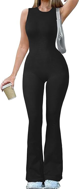 OQQ Women Yoga Jumpsuits Ribbed Crew Neck Sleeveless Bell Bottoms Flare Jumpsuits Beige Clothing, Thanksgiving Outfit Women, Yoga Jumpsuit, Flare Jumpsuit, Cute Looks, Women Yoga, Black Clothing, Thanksgiving Outfit, Outfit Women