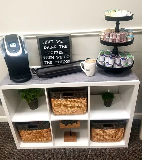 Office Kitchen Snack Bar, Cubical Coffee Station, Office Tea And Coffee Station, Small Coffee Bar For Office, Coffee Bar Office Break Room, Coffee Shop Reading Corner Classroom, Staff Room Coffee Station, Break Room Coffee Station, Break Room Storage Ideas