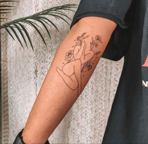 Linework Sleeve Women, Line Art Tattoos Woman Self Love, Floral Silhouette Tattoo, Upper Thigh Hip Tattoo Women, Positivity Tattoo Ideas, Feminine Line Art Tattoos, Women With Flowers Tattoo, Woman Figure Tattoo, Female Form Tattoo