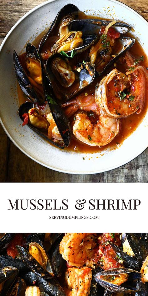 Mussel And Shrimp Recipes, Prawn And Mussel Recipes, Muscles In Red Sauce, Shrimp And Mussels Recipe Garlic Butter, Mussels In Tomato Garlic Sauce, Shrimp And Muscles Recipes, Black Mussels Recipes, What To Serve With Mussels, Thai Mussels Recipe