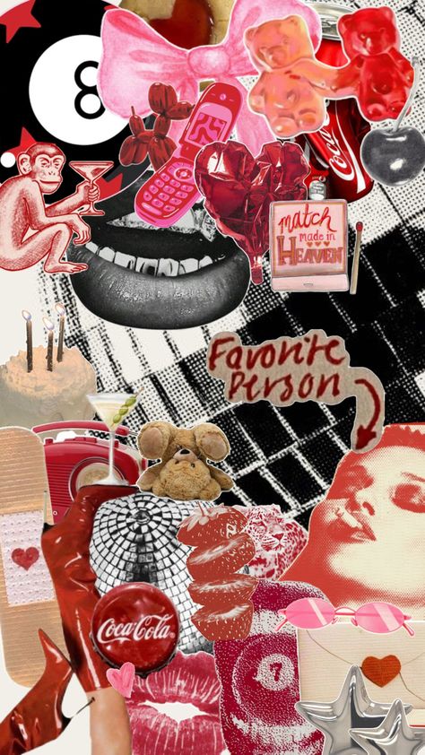 #itgirl #aesthetic #red #black #discoball #lipstick #eightball Pink Collage Wallpaper, Itgirl Aesthetic, Pink Collage, Collage Wallpaper, Aesthetic Red, 8 Ball, Made In Heaven, Match Making, Disco Ball