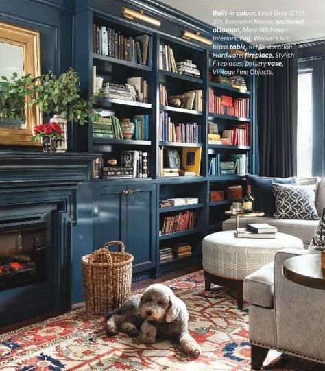 thefoodogatemyhomework: Glossy blue library with perfect brass... Norwegian Living Room Decor, Small Den Ideas With Tv, Bedroom Media Room, Small Home Library Design, Blue Library, Bookshelf Library, Canadian House, Cozy Library, Library Room