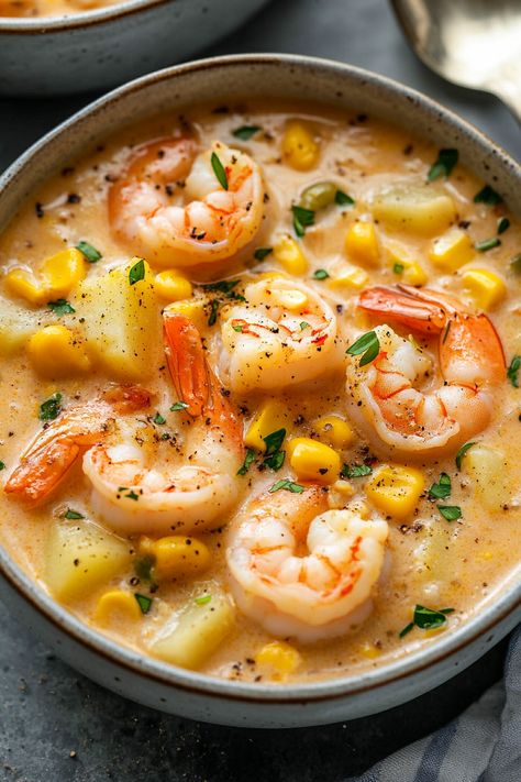 Shrimp and Corn Soup - An Organized Chaos Chicken And Shrimp Soup Recipes, Shrimp And Corn Soup Crockpot, Shrimp Corn Soup Cajun, Shrimp And Sausage Soup Recipes, Shrimp And Scallop Soup Recipes, Crab And Shrimp Soup Recipes, Healthy Shrimp Soup, Soups With Shrimp, Shrimp Soup Recipes Easy