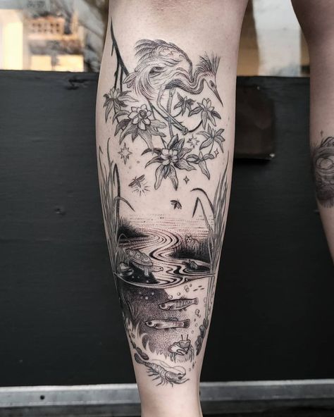 Ruby Lee on Instagram: “2+ years healed! Just touched up this coastal marsh scene for Audrey. Its always fun revisiting old work and seeing how my style/technique…” Marshland Tattoo, Tattoo Collection Sleeve, Marsh Tattoo Ideas, Garden Scene Tattoo, River Scene Tattoo, Scenery Tattoo Women, Pond Tattoo Sleeve, Swamp Tattoo Sleeve, Ocean Landscape Tattoo