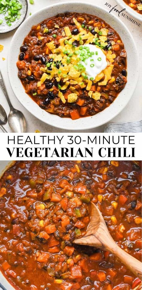 This vegetarian chili recipe is easy to make in 30 minutes on the stovetop. It’s loaded with veggies and perfectly seasoned with a homemade spice mixture. It's a healthy, hearty and cozy meal. Chilli Recipe Vegetarian, Easy Vegetarian Chili, Easy Vegetarian Chili Recipe, Chili Recipe Stovetop, Vegetarian Chili Easy, Vegan Chilli, Vegetarian Chili Recipe, Veggie Chili, Chili Recipe Crockpot