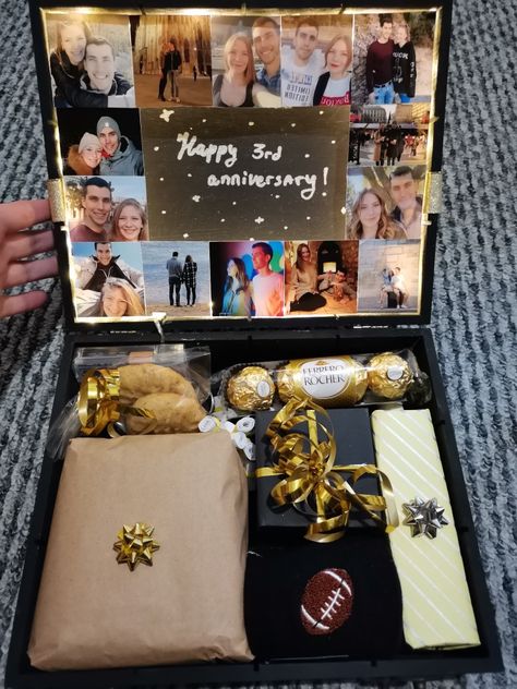 Wooden gift box with photo college and a mini album. LED lights. Anniversary present Box Anniversary Gift For Him, Boyfriend Box Gift Anniversary Ideas, Photo Box For Boyfriend, Bf Box Gift, Memory Box Boyfriend, Picture Box For Boyfriend, Anniversary Box Ideas, Anniversary Gift Box For Him, Picture Box Ideas