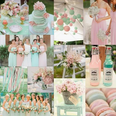 Mint Green And Peach Wedding Decorations, Mint Green And Pink Wedding Theme, Green And Pink Wedding Centerpieces, Pastel Pink And Green Wedding Theme, Pink And Mint Green Wedding, Mint Pink Wedding, Mint And Pink Wedding, Peach And Mint Wedding, Mint Coral Wedding