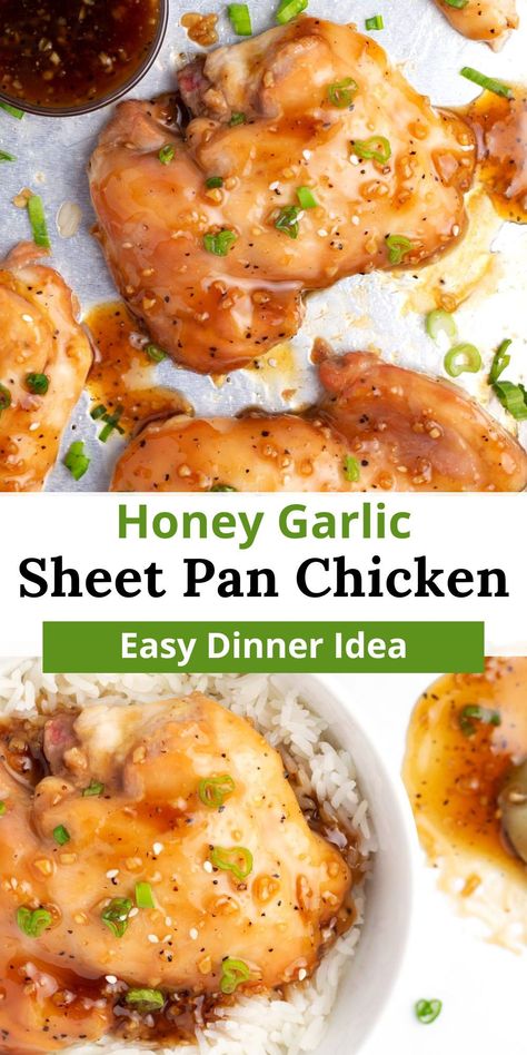 Easy Weeknight Sheet Pan Chicken: Enjoy this honey garlic chicken recipe featuring boneless, skinless chicken thighs baked in a sweet & sticky glaze. Quick to make, this 25-minute meal requires just a few ingredients and is perfect served over rice! Boneless Chicken Thigh Recipes Sheetpan, Chicken Thighs Recipes Boneless Skinless Baked, Boneless Chicken Thigh Stir Fry, Honey Garlic Chicken Sheet Pan, Chopped Chicken Thigh Recipes, Easy Boneless Skinless Chicken Thigh Recipes, Honey Garlic Chicken Oven, Deboned Chicken Thigh Recipes, Chicken Thighs Boneless Skinless Recipes