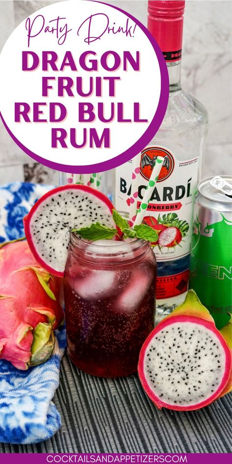 Dragon fruit Red Bull mixes with Bacardi Dragonberry Rum to make a delicious flavorful drink! Serve ice cold on a hot summer afternoon for a refreshing, sweet and fizzy cocktail with a tropical vacation vibe! Coconut Milk Cocktail, Bacardi Drinks, Fruit Drinks Alcohol, Spiked Watermelon, Colada Drinks, Tropical Drink Recipes, Crown Royal Drinks, Rum Drinks Recipes, Peach Lemonade