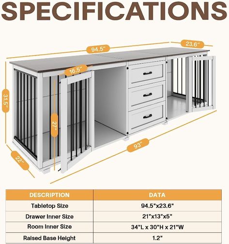 The large dog crate's oversized 95" x 24" tabletop can hold up to 60 pounds. 
The heavy duty dog crate is equipped with 3 drawers in the upper part of the crate, which is plenty of room to store dog toys, leashes and other supplies.
The crate cage bars are made of rugged steel. Your pet will have a full 180-degree view of the full room when inside. Dog crate doors are equipped with door locks. The bottom feet have felt that is designed to prevent slipping and scratching of floors. Room Division Ideas, Large Dog Crate Ideas, Dog Crate Tv Stand, Built In Dog Crate, Crate Tv Stand, Dog Crate Ideas, Room Division, Diy Dog Beds, Kennel Furniture