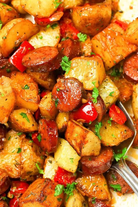 Easy Sausage and Potatoes - Immaculate Bites Smoked Sausage Peppers Potatoes, Potatoes And Andouille Sausage, Smoked Sausage And Potato Bake Recipe, Smoked Sausage And Potatoes In Oven, Andouille Sausage And Potatoes, Sausage And Potatoes Recipes, Sausage And Potatoes In Oven, Potato And Sausage Recipes, Sausage Recipes Potatoes