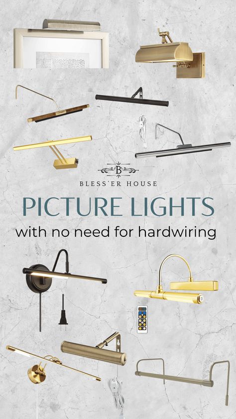 Lights Over Wall Art, Picture Light Over Art Plug In, Light For Painting On Wall, Lighting For Paintings Wall, Lighting Over Artwork, End Of Hallway Gallery Wall, Artwork Lighting Wall, Black Picture Light Over Art, Gold Picture Frame Gallery Wall