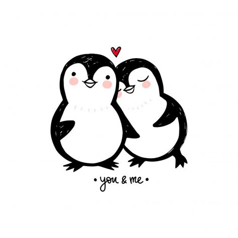 Penguin couple love illustration. doodle... | Premium Vector #Freepik #vector #baby #love #hand #character Penguin Love Couple, Penguin Couple Painting, Love Vector Illustration, Doodle Art Love Couple, Cute Paintings For Couples, Penguin Tattoo Couple, Love Doodles Couples, Valentine Illustration Cute, Cute Love Doodles Couples