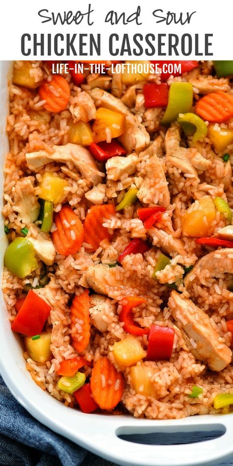 Sweet and Sour Chicken Casserole is filled with chicken, rice and veggies all coated in sweet and sour sauce. This casserole is so delicious and will be a hit at dinner time! Life In The Lofthouse Recipes, Chicken Rice And Veggies, Chicken And Vegetable Casserole, Life In The Lofthouse, Chicken Recipes Easy Quick, Easy Chicken Casserole Recipes, Rice And Veggies, Low Carb Wraps, Best Comfort Food Recipes