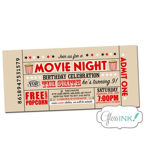 Adult Girls Night, Summer Party Diy, Movie Night Tickets, Ticket Party Invitations, Diy Movie Night, Outdoor Movie Party, Movie Night Invitations, Movie Night Birthday, Night Birthday Party