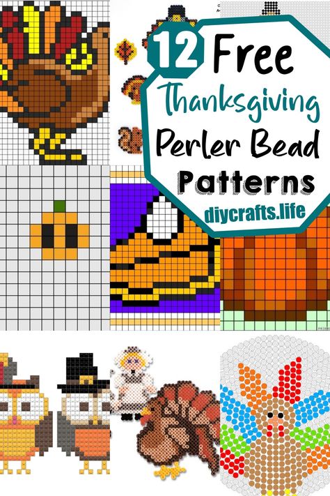 12 Thanksgiving Perler Bead Patterns Free - DIY Crafts Melty Beads Christmas Patterns, Perler Beads Thanksgiving, Thanksgiving Perler Beads, Holiday Perler Bead Patterns, Thanksgiving Perler Bead Patterns, Free Perler Bead Patterns, Fall Perler Bead Patterns, Fall Perler Beads, Perler Bead Patterns Free