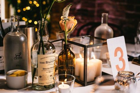 Liquor Bottle Table Decorations, Whisky Wedding, Old Liquor Bottles, Bottle Lantern, Whiskey Wedding, Marine Corps Ball, Anniversary Vow Renewal, Bottle Centerpieces, Event Display