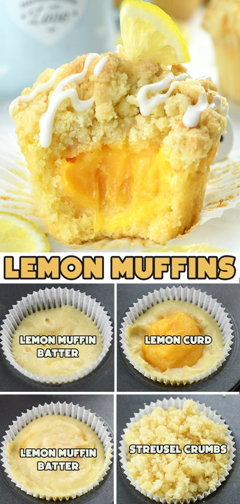 delightful recipe for muffins with a streusel crumb topping, drizzled with sweet glaze, and filled with homemade lemon curd Recipe With Lemons, Lemon Finger Foods, Baking For Breakfast, Bread Filling Recipes, Lemon Food Recipes, Lemon Brunch Recipes, Baking With Lemon Curd, Lemon Cupcake Ideas, Lemon Chocolate Desserts