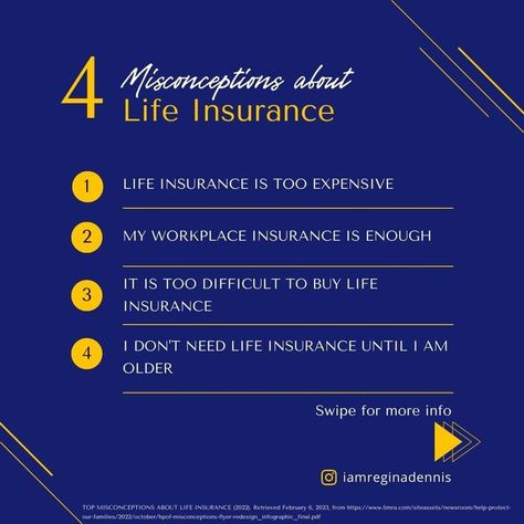 There are four Misconceptions about life insurance. It is too expensive, my workplace insurance is enough, it is too difficult to buy, and I don't need life insurance until I am older. Thoughts About Life, Life Insurance Facts, I Am 4, Life Insurance Policy, Insurance Coverage, Life Thoughts, Insurance Policy, Mean It, Financial Advisors