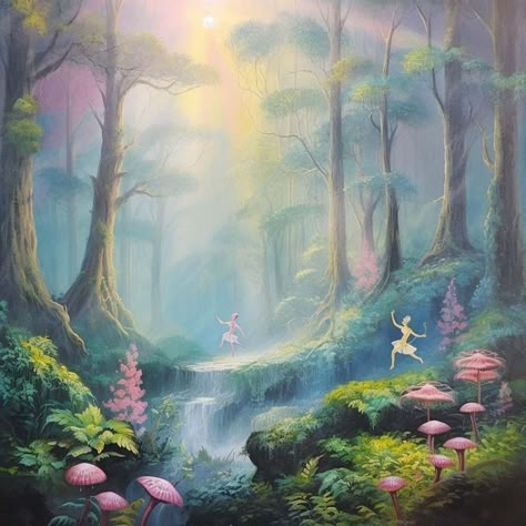 A forest with lots of fog and beautiful plants and ballerinas and a rainbow | pastel color image | illustration image | colorful image Fairytale Landscape Art, Fairy World Painting, Rainbow Fairy Aesthetic, Forest Fairy Painting, Fairycore Painting, Fairy Garden Painting, Fantasy Painting Ideas, Fairy Core Art, Pastel Fantasy Art