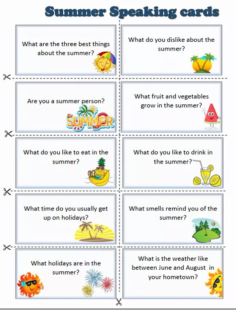 Summer speaking cards - English portal Summer English Worksheet, Speaking Cards For Kids, Speaking Cards For Beginners, Speaking Cards English, English Club Activities, Speaking For Beginners, Speaking Worksheet, English Conversation For Kids, Speaking Activities English