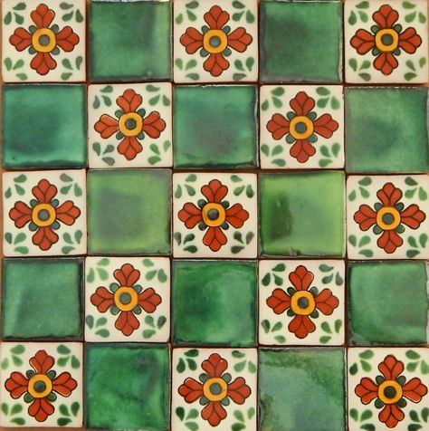 "25 Mexican Talavera Ceramic Tiles 2x2\" Green Designs Handmade Folk Art (Same desings as the pictures) DESCRIPTION: * Size: 2 by 2 inches * ¼ inch of thickness * Due to its handcrafted process, tiles may present some variations in the color and shape (they are not really flat or square), and some tiles can have small cracks in the surface as well. Patterns may vary due to the rotation of our stock." Tile Patterns Square, Mexican Talavera Tile Patterns, Green Mexican Tile, Mexican Stained Glass Patterns, Mexican Ceramic Tiles, Mexican Tile Backsplash Kitchen, Italian Pattern Design, Green Spanish Tile, Spanish Tile Wallpaper