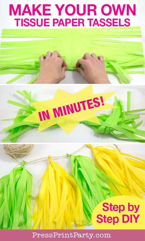 Paper Tissue Decorations, Tissue Paper Streamers Diy, How To Make Tissue Paper Tassels, Decorating With Tissue Paper, Diy Birthday Streamers, Crete Paper Decorations, How To Make Paper Tassels, Home Made Party Decor, Tissue Paper Party Decorations