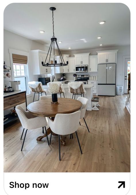 Modern Farmhouse Eat In Kitchen, Grey House Aesthetic, Dinette Ideas Kitchen, Snowbound Sherwin Williams, Snowbound Paint, Kitchen Table Chandelier, Modern Farmhouse Color Palette, Sherwin Williams Snowbound, Modern Kitchen Table