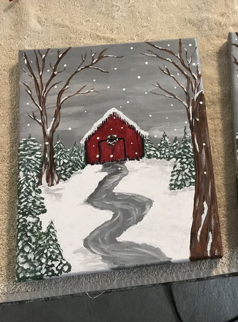 Paintings Christmas On Canvas, Crismas Painting On Canvas, What To Paint Christmas, Christmas Things To Paint On Canvas, Christmas Sky Painting, Winter Canvas Ideas, Easy Acrylic Painting Christmas, Winter Easy Painting Ideas, Easy Paintings For Christmas