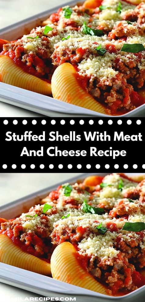 Need an easy casserole for your next gathering? Discover these stuffed shells filled with savory meat and gooey cheese. This crowd-pleaser is a fantastic option for stress-free family dinners. Stuffed Meat Shells, Stuffed Shells With Ground Beef And Ricotta Cheese, Recipe For Stuffed Shells, Meat Stuffed Shells, Ground Beef Stuffed Shells, Stuffed Shells With Ground Beef, Sausage Stuffed Shells, Stuffed Shells With Meat, Easy Casseroles