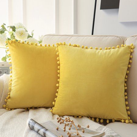 Phantoscope Pom Pom Velvet Series Decorative Throw Pillow, 18" x 18", Yellow, 2 Pack Den Decor, Dorm Inspiration, Yellow Cottage, Storage Room Organization, Ceiling Lamp Shades, Yellow Pillows, Kitchen Window Treatments, Sofa Accessories, Yellow Bedroom